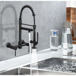 Wall Mount Kitchen Faucet with Pull Down Sprayer, Double Handle 8 Inch Center